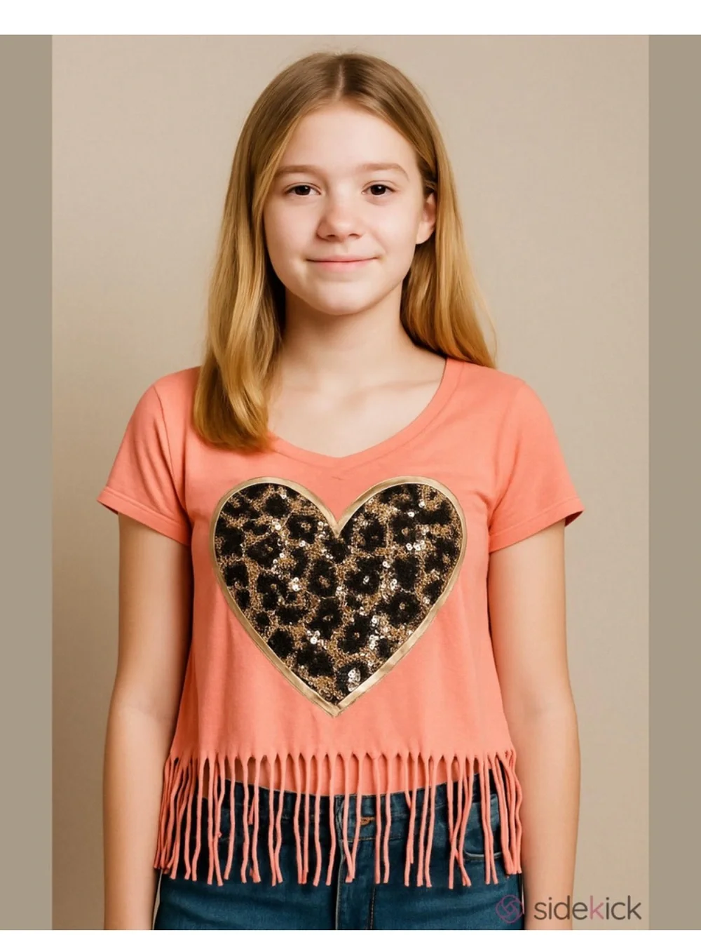 Justice Coral Fringe Tee with Leopard Sequin Heart Patch